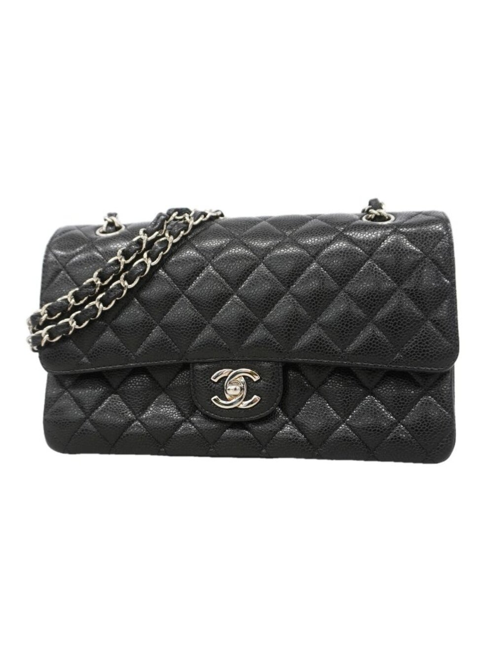 Chanel Shoulder Bag Quilted Caviar Leather Black Silver